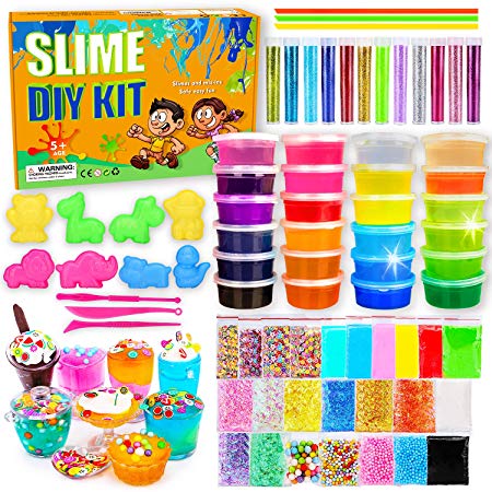 DIY Slime Kit for Girls and Boys - Ultimate Glow in The Dark Glitter Slime Making Kit - Slime Kits Supplies Include Big Foam Beads Balls, 18 Mystery Box Containers Filled w Crystal Powder Slime