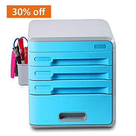 Desk Drawer Plastic Storage Drawers Desk Storage Unit Organizer Lockable File Cabinet A4 Box For Office,Home,Cyan (cyan)