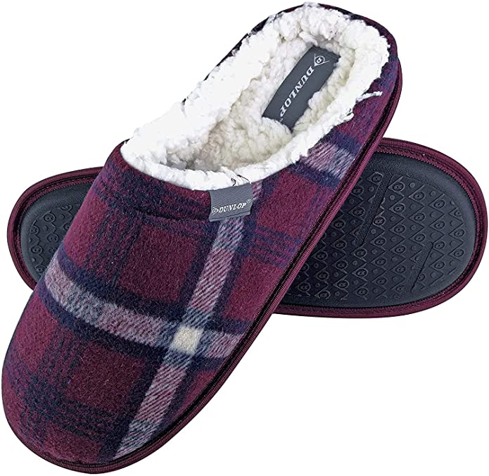 Dunlop - Mens Warm Plush Fleece Lined Slip On Mule Checked Plaid House Slippers