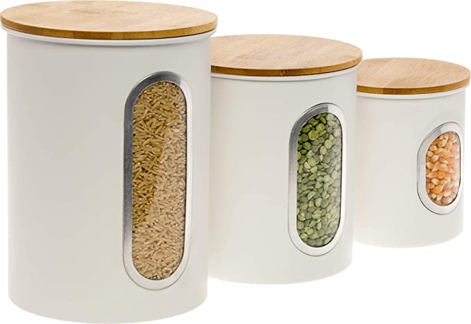 3 Piece Nesting Kitchen Canister Set with Bamboo Lid - Stainless Steel Modern Storage Containers with Clear View Window by Mindful Design (White)