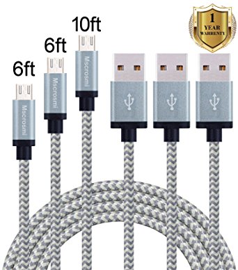Mscrosmi 2Pack 6ft 1Pack 10ft Nylon Braided Micro USB Cables Charging Cords for Android Devices, Galaxy, Sony, Motorola and More (Gray)