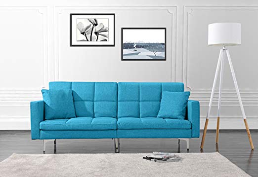 Modern Plush Tufted Linen Split Back Living Room Futon, Sofa for Small Space (Sky Blue)