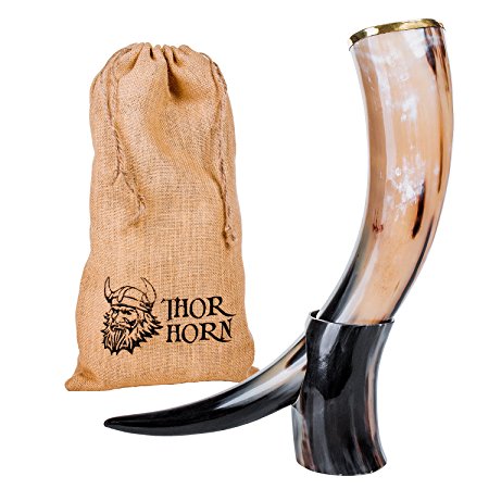 THOR HORN Large Viking Drinking Horn with Stand – Authentic & Food Safe Cup – No Leaks – Norse Drinking Beer Mug with 20 oz Capacity – Preferred Choice of Vikings & Game of Thrones Fans