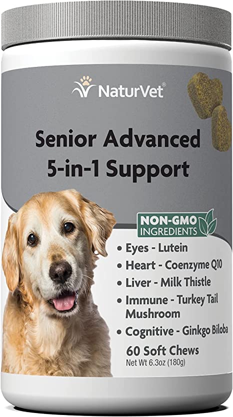 NaturVet Senior Advanced 5-in-1 Support Dog Supplement – Helps Support Immune System, Heart, Liver, Cognitive Function, Eye Health – Includes Ginkgo Biloba, Lutein – 60 Ct.