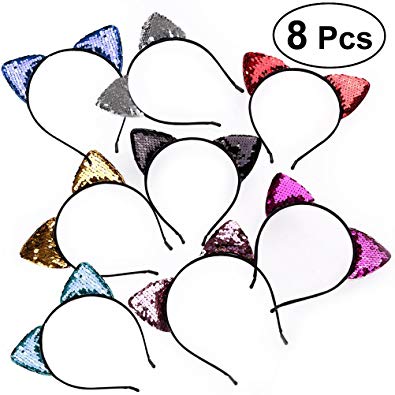 Tinksky Sequin Red Purple Black Gold Silver Sapphire and Light Blue Metal Cat Ears Headband for Women Set of 8 Pieces