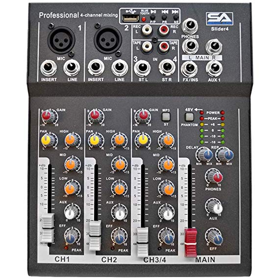 Seismic Audio - Slider4-BT- 4 Channel PA DJ Mixer Console with USB and Bluetooth Streaming