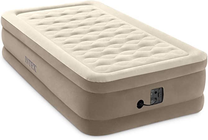 Intex Ultra Plush Fiber-Tech 18 Inch High Twin Inflatable Airbed Elevated Air Mattress with Built-in Pump & Flocked Top, Tan