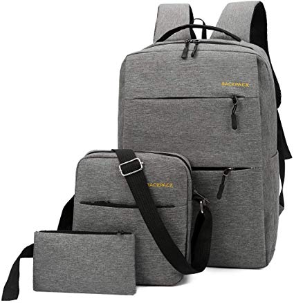 Backpacks Set of 3 with USB Charging Port/Headphone Hole Including Backpack, Shoulder Bag & Wallet (Also can be Pencil Bag), and USB Cable, Gift for Unisex Present (Grey)