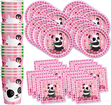 Pink Panda Birthday Party Supplies Set Plates Napkins Cups Tableware Kit for 16