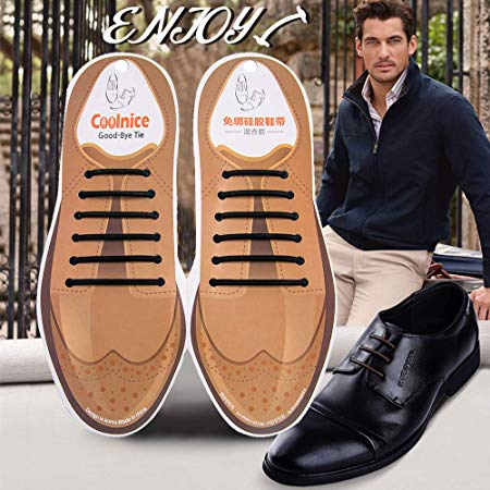 Coolnice No Tie Dress Shoe Laces for Men and Women, Silicone Waxed Thin Oxford Round Elastic Shoelaces