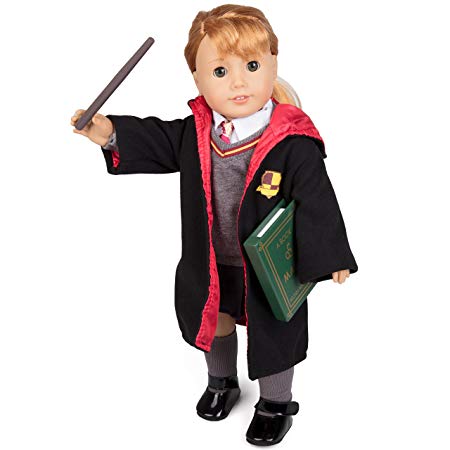 Deluxe Hermione Granger Inspired Doll Clothes for American Girl and 18" Dolls: 9pc Hogwarts like School Uniform Includes- Book, Wand, Robe, Shirt, Skirt, Sweater, Tie, Socks and Shoes