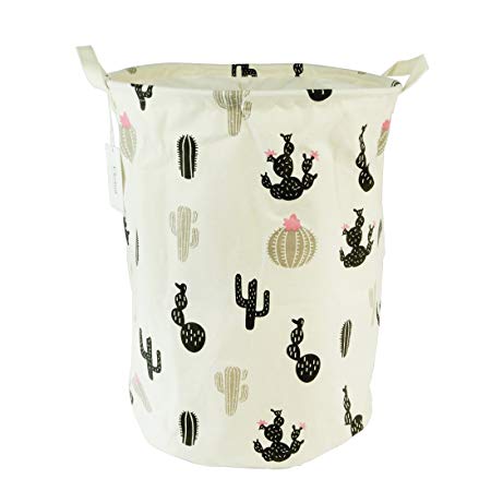 Large Sized Waterproof Coating Ramie Cotton Fabric Folding Laundry Hamper Bucket Cylindric Burlap Canvas Storage Basket with Drawstring Cover Stylish Cactus Design (Black Cactus)