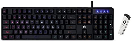 HP K300 Backlit Membrane Wired Gaming Keyboard with Mixed Color Lighting, 4 LED Indicators & v236w 32GB USB 2.0 Pen Drive