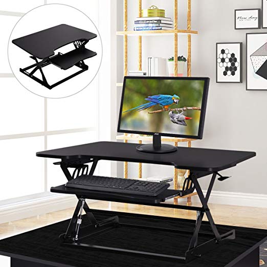 JAXPETY Standing Desk - The DeskRiser - 32" Wide Adjustable Height Sit Stand Up Desk with Retractable Keyboard Tray Supports 50 Lbs Heavy Duty Black