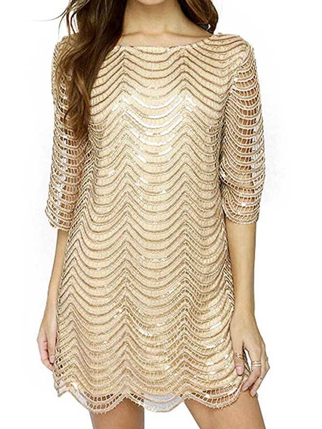 Joeoy Women's Metallic Sequins Half Sleeve Wave Gold Shift Party Dress With Scallop Edge
