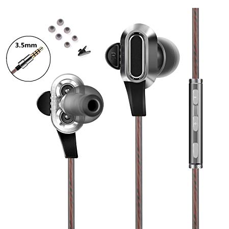 Redlink Dual Driver in-Ear Headphones, Balanced Stereo Sport with Mic & Volume Control for 3.5mm Headphone Jack - Clear Sound, Ergonomic Comfort-Fit (Brown)
