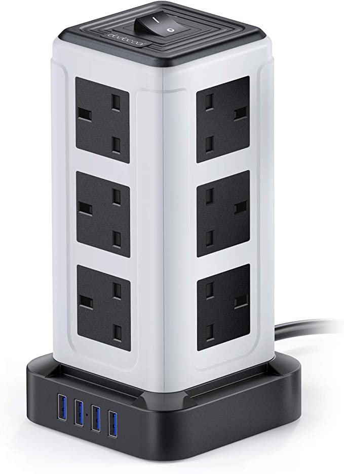 Extension Lead Tower, dodocool Power Strip Surge Protector, 3250W/13A with 12 Way Outlets 4 USB Ports(3.1A), 10Ft/3M, Overload Protection, Plug Extension for Home, Office, Garage