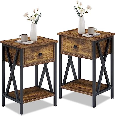 VECELO Vintage, End Side Table with Drawer and Shelf, Home Decoration for Living Room Bedroom, X-Shape Legs and Water-Proof Surface, Hemp Gray, Nightstand (Set of 2), Antique Brown