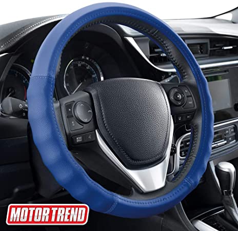 Motor Trend SW-810 Blue with Grooves Soft Touch Leather Steering Wheel Cover with Advanced Traction Universal Fit for Standard Sizes 14.5 15 15.5 inches