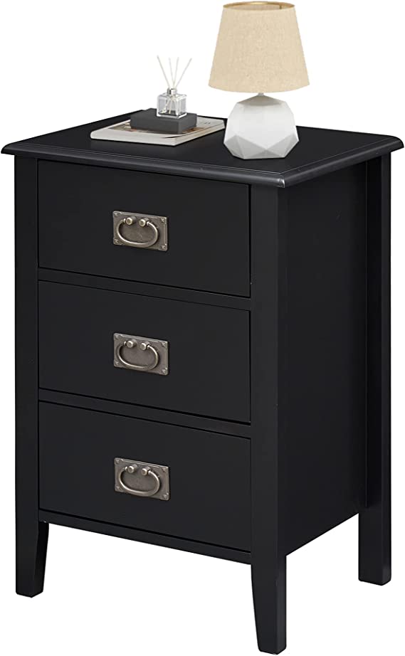 VECELO Nightstands End/Side Tables for Living Room Bedside with Three Storage Drawer, Vintage Accent Furniture for Small Space, Solid Wood Legs, Black