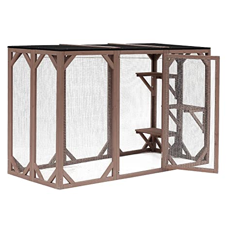 PawHut 71" x 32" x 44" Large Wooden Outdoor Cat Enclosure Catio Cage with 3 Platforms