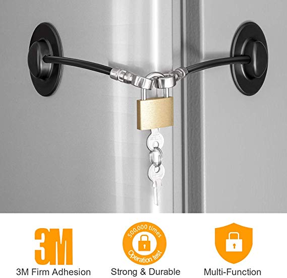Refrigerator Lock, Fridge Lock with Keys and Padlock, Freezer Lock with Strong 3M Adhesives, Heavy-duty Aircraft Cable, provides 500lbs Resistive Force, Black Refrigerator Locks for Children