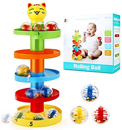 Ucradle 5 Layers Ball Drop Ball Ramp Ball Drop Toy Marble Run Colorful Rolling Ball Tower Funny Swirling Cat Children Puzzle Game Baby Educational Toys for 1 2 Year Old Boy Girl Toddlers
