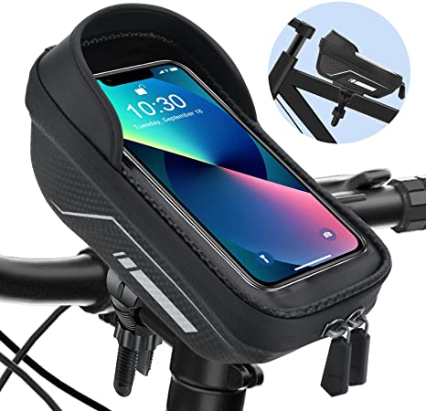Bike Phone Holder Bag Waterproof - Bike Frame Bag Large Capacity Bicycle Bag, Mountain Bike Accessories with Touch Screen with Sun Visor & Rain Cover for iPhone Samsung Smartphones Under 7"