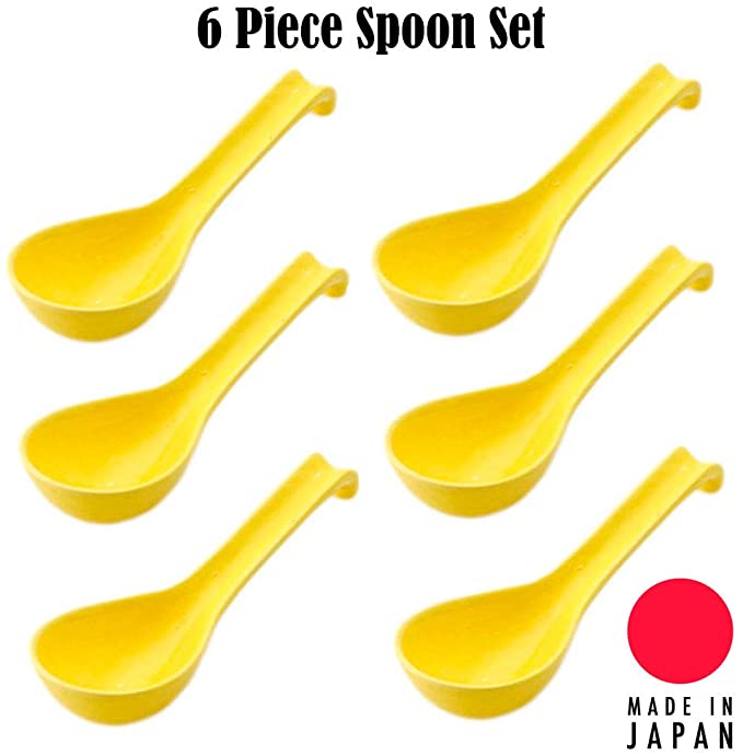 Hinomaru Collection Japanese Porcelain Spoon 6 Pieces Pack Soup Spoon 6 Inches Length Wonton Soba Rice Pho Ramen Noodle Soup Spoons for Home Kitchen or Restaurant Supply Made In Japan (Yellow)