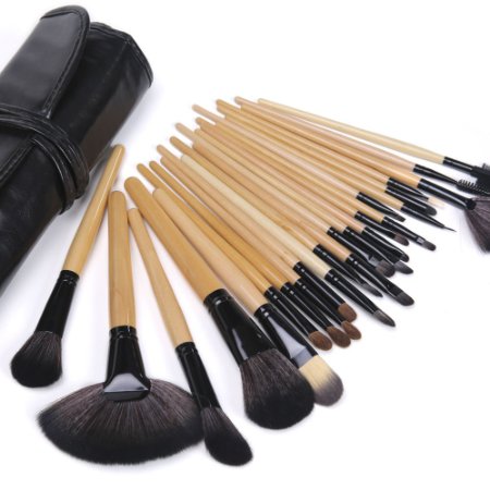 DRQ Makeup Brushes 24pcs Quality Natural Cosmetic Brush Set with Leather Pouch, 24 Count Bursh set For Eye Shadow, Blush, Concealer, Etc (Wood Tube) by Dr Dry