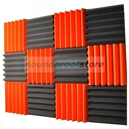 2x12x12 (12 Pack) ORANGE/CHARCOAL Acoustic Wedge Soundproofing Studio Foam Tiles