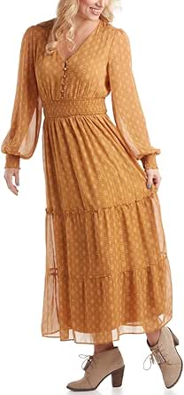 Lucky Brand Womens Long Sleeve Midi V Neck Tiered Hem Paisley Casual Flowy Dress