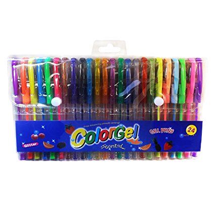 Miraclekoo Glitter Gel Pens. Assorted 24 Pack,Glitter, Neon & Pastel.Superior Quality Gel Colored Pen