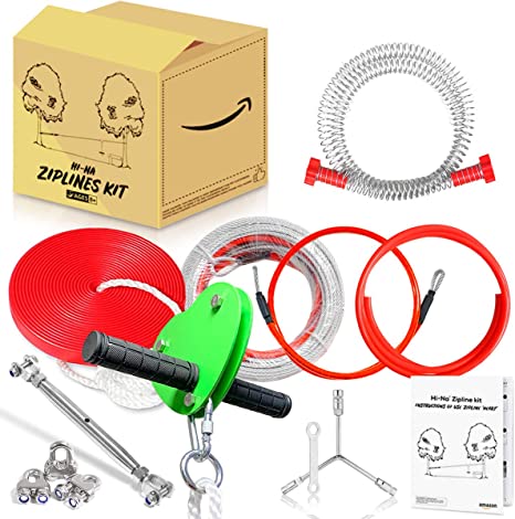 Hi-Na 100ft 120ft Zipline Kits for Backyard with Brake Zipline with Trolley Zipline for Backyard for Kids Backyard Zipline Kit with Seat Zipline Kit Zipline Kits for Backyard 120ft Zip Line Kit