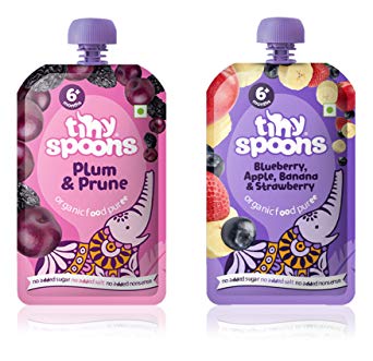 Tiny Spoons Baby's 100% EU Certified Organic Food Puree with Blueberry +Apple +Banana +Strawberry | Plum + Prune for 6 months, 120gm each -Pack of 2