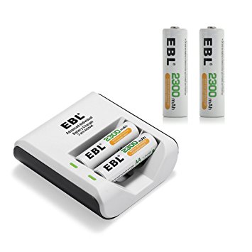 EBL 4 Pack 2300mAh High Capacity AA Rechargeable Batteries with 2 Bay Charger