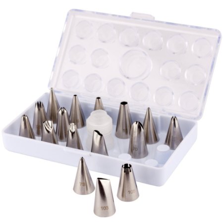 iCooker 17-Pack Cake Decorating Supplies Kit Set FREE Pastry Bag Best Professional Tool Tips for Icing Cupcakes - Stainless Steel Reusable Coupler and Storage Case