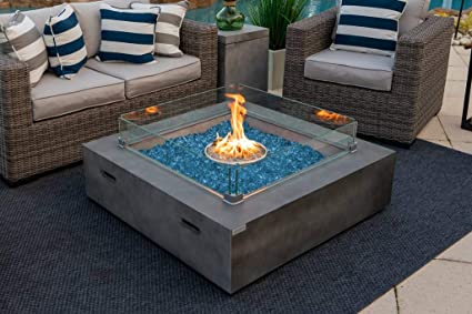 AKOYA Outdoor Essentials 42" x 42" Square Modern Concrete Fire Pit Table w/Glass Guard and Crystals in Gray (Caribbean Blue)