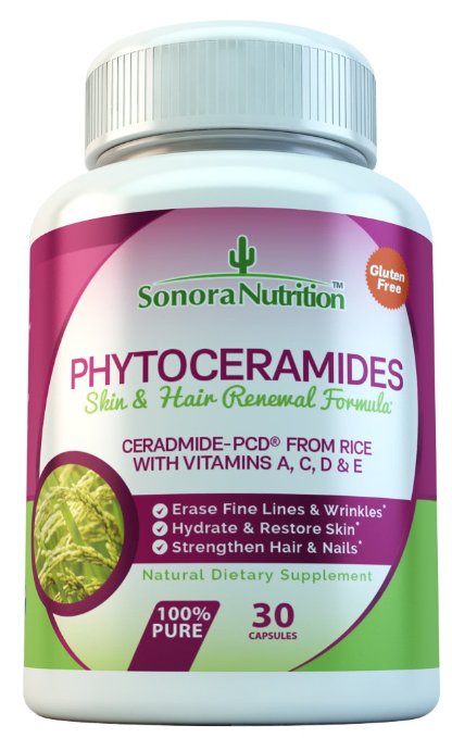 Phytoceramides with Ceramide-PCD from Rice and Vitamins A, C, D, & E - 30 Capsules, 40 mg/Serving - Gluten Free, All Natural, Plant-Derived, Anti-Aging Skin & Hair Supplement by Sonora Nutrition