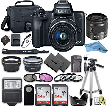 Canon EOS M50 Mirrorless Camera Kit with 15-45mm Lens   2pc SanDisk 64GB Memory Cards   Accessory Kit