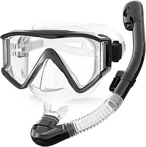 Greatever Snorkel Set Pano 3 Window Snorkel Mask Adult, Panoramic Wide View, Anti-Fog Scuba Diving Mask, Anti-Leak Snorkel Goggles Dry Top Snorkel, Professional Snorkeling Gear for Adults