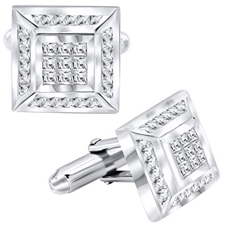 Men's Sterling Silver .925 Square Cufflinks with Channel-Set and Princess-Cut Cubic Zirconia Stones, Platinum Plated, 16mm by 16mm. By Sterling Manufacturers