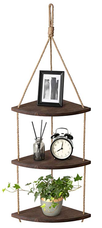 Mkono Hanging Corner Shelf 3 Tier Jute Rope Wood Wall Floating Shelves Rustic Organizer Displays Storage Rack Home Decor for Living Room Bedroom Bathroom Kitchen, Dark Brown