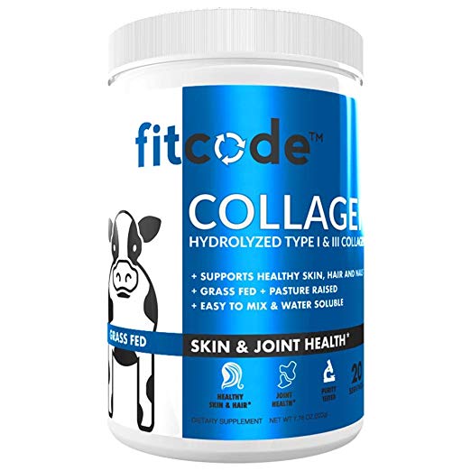 Fitcode Collagen Peptides - Enhanced Absorption, Hydrolyzed Type 1 & 3 Grass fed Collagen to Support Recovery, Healthy Skin, Hair, Nails and Joints 20 Servings unflavored Powder