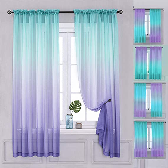 Yancorp 2 Panel Sets Semi Bedroom Curtains 72 inch Length Sheer Rod Pocket Curtain Linen Teal Turquoise Purple Ombre Girls Living Room Mermaid Bedroom Nursery Kids Decor (Turquoise Purple, 40"x72")