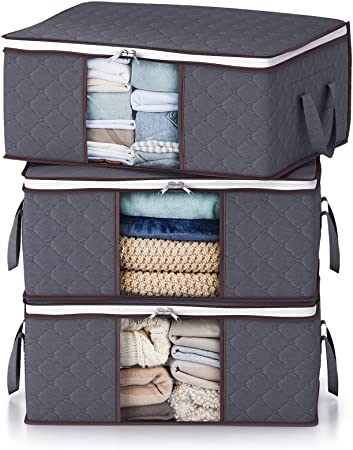 Lifewit Clothes Storage Bag Foldable Storage Bin Closet Organizer with Reinforced Handle Sturdy Fabric Clear Window for Sweaters, Coats, T-Shirts, Blankets, 3 Pack, 35L, Grey