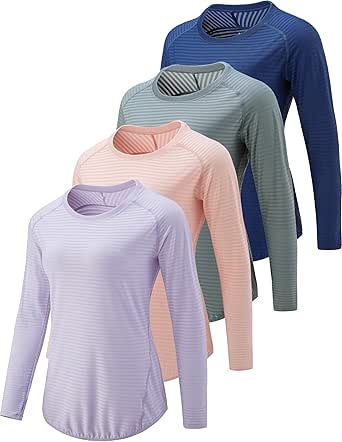 4 Pack Womens Long Sleeve Tops with Thumb Holes, Athletic Workout Shirts Dry Fit Crewneck Tees