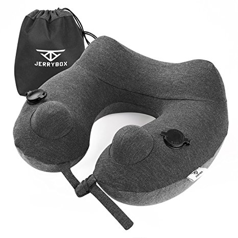 Jerrybox Travel Pillow, Dual Airbag Push Buttons Inflate in Fastest 10 Seconds, Soft and Breathable Ponte De Roma Fabric, Neck Support and Spine Protection, Travel Necessity (Roma Fabric Grey Black)