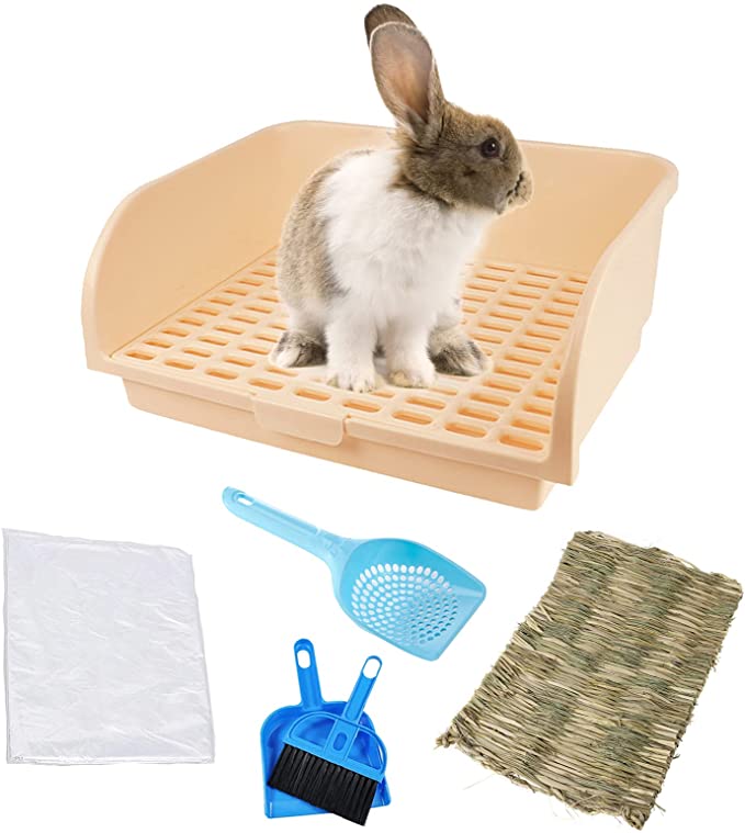 kathson Large Rabbit Litter Box, Pets Toilet Potty Trainer Tray Corner Small Animals Litter Bedding Box Bigger Pet Pan with Grass Mats for Adult Guinea Pig/Chinchilla/Ferret/Rabbit