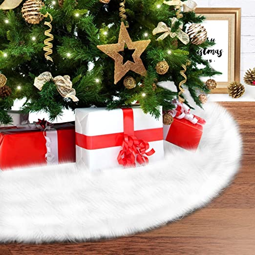 Christmas Tree Skirt - Ohuhu 35.4 Inches Large Snowy Tree Skirt, White Faux Fur Xmas Tree Skirt for Christmas Home Holiday Party Decorations Indoors and Outdoors